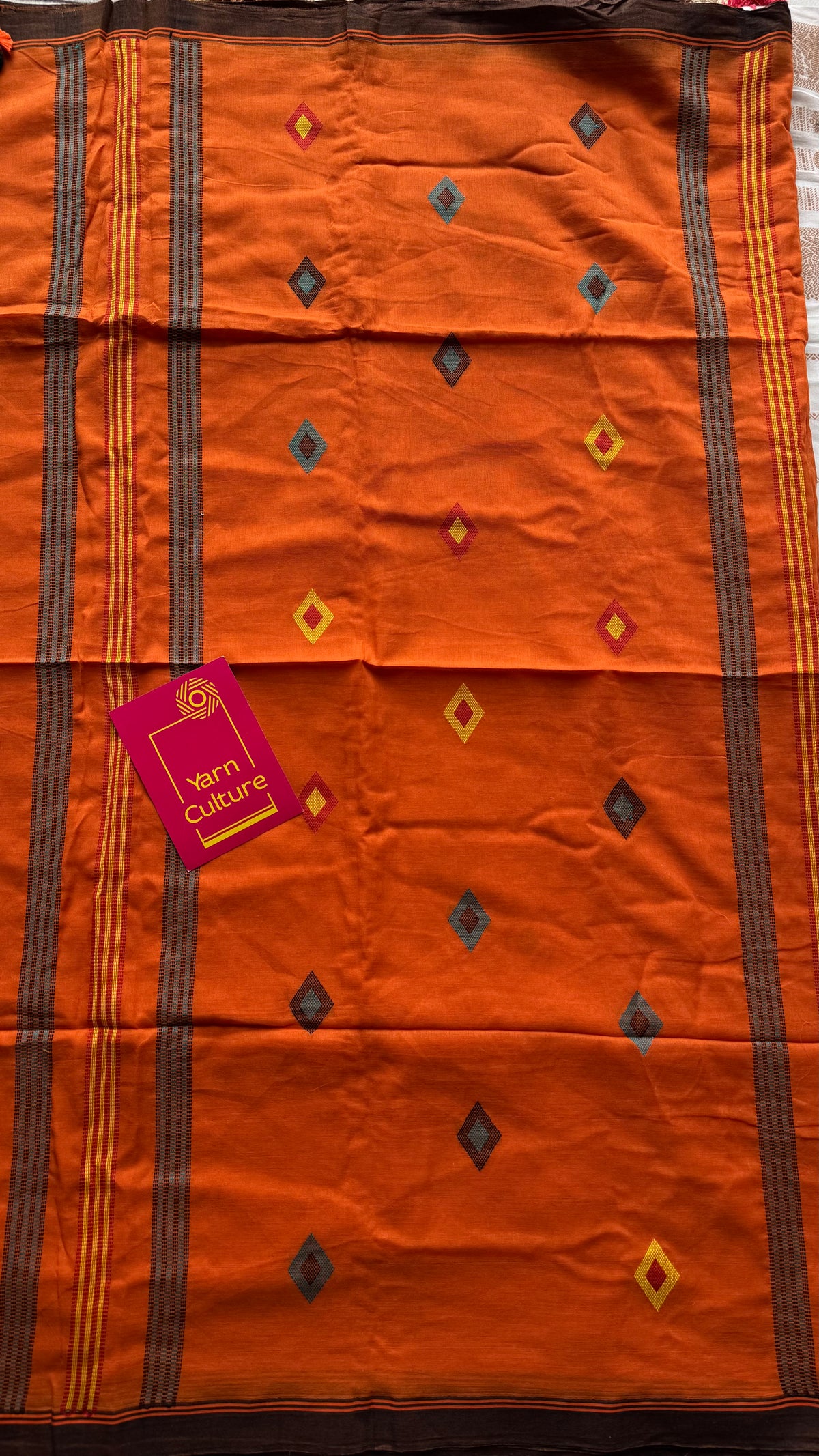 Handloom Bengal soft cotton saree, orange with woven buttas and brown borders - YCBCMCSE36