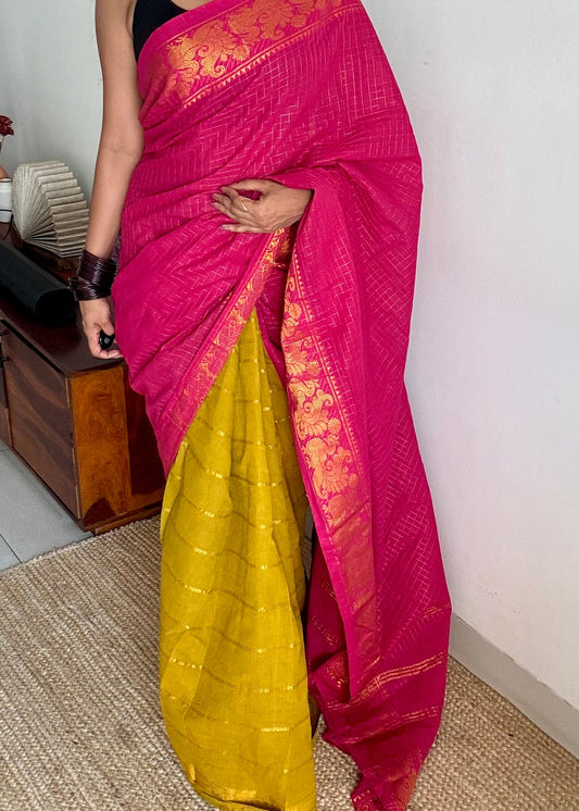 Hot pink with lime green, sungudi cotton half-half saree - YCCOTNIDMA290