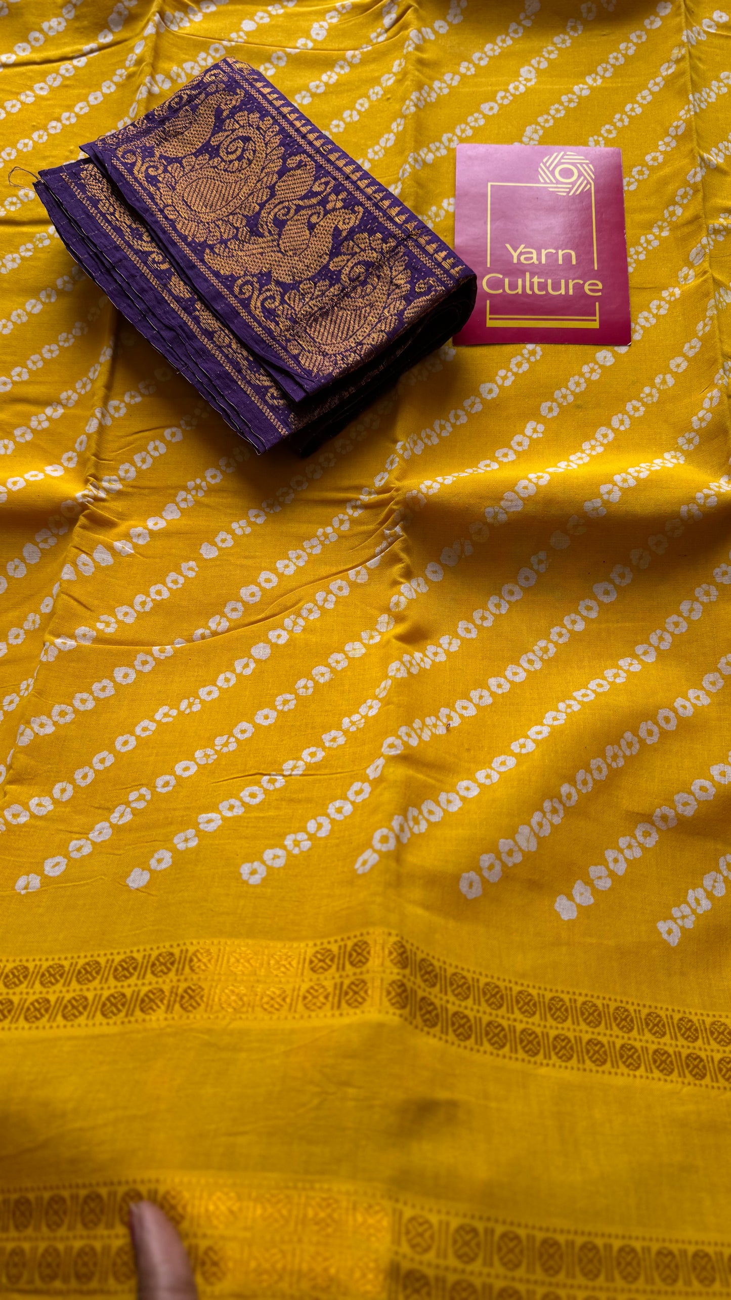 Yellow, wax dot printed sungudi, kattuchayam dyed madurai cotton - YCCOTNMSAP146