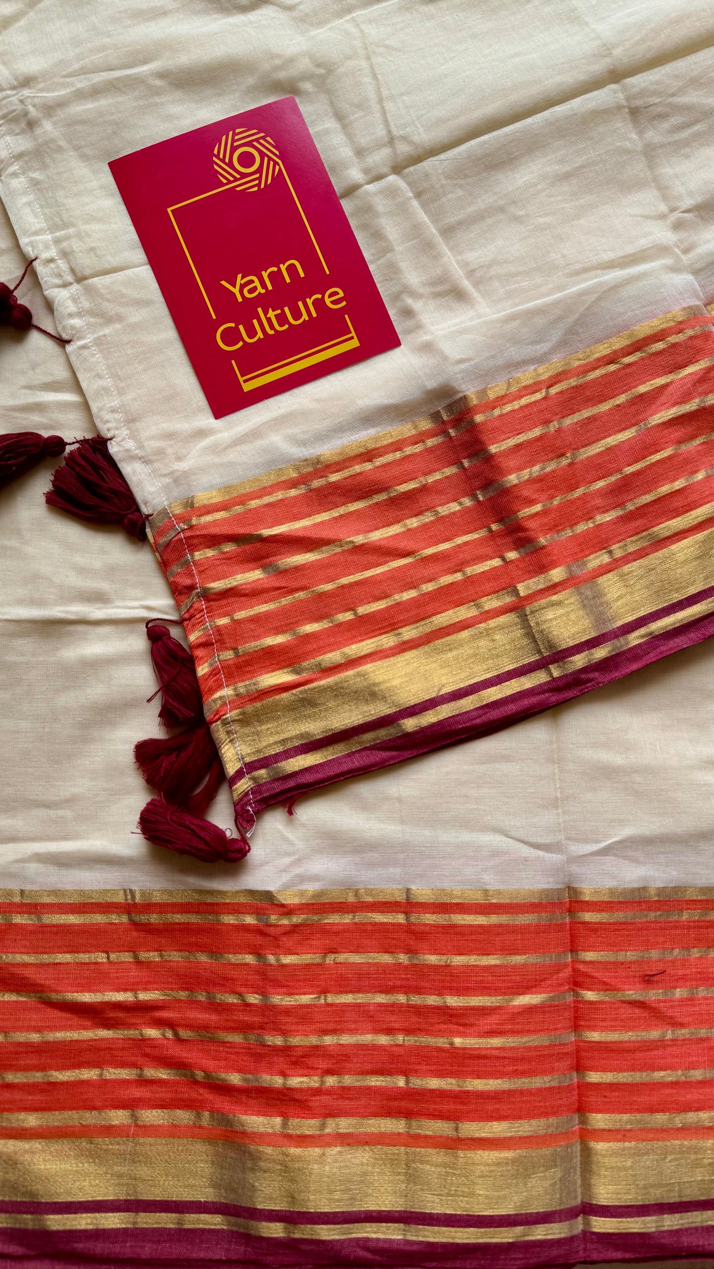 Ivory mul saree, orange with maroon striped border - YCIEON13