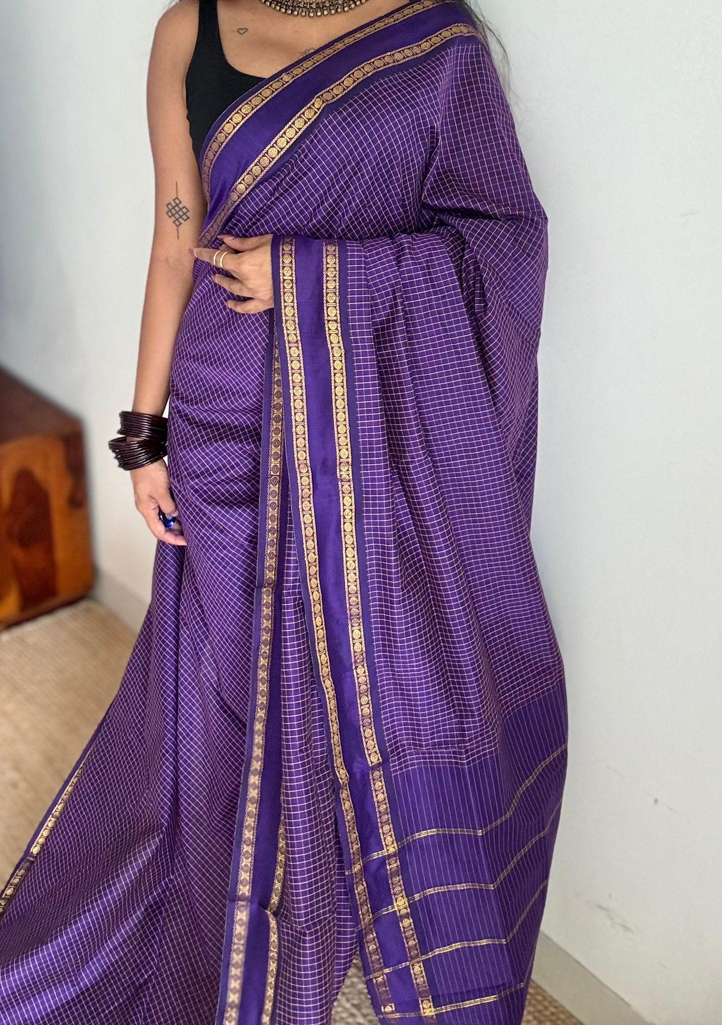 Purple violet, arani checks saree, cotton silk - YCCOTNAUG19
