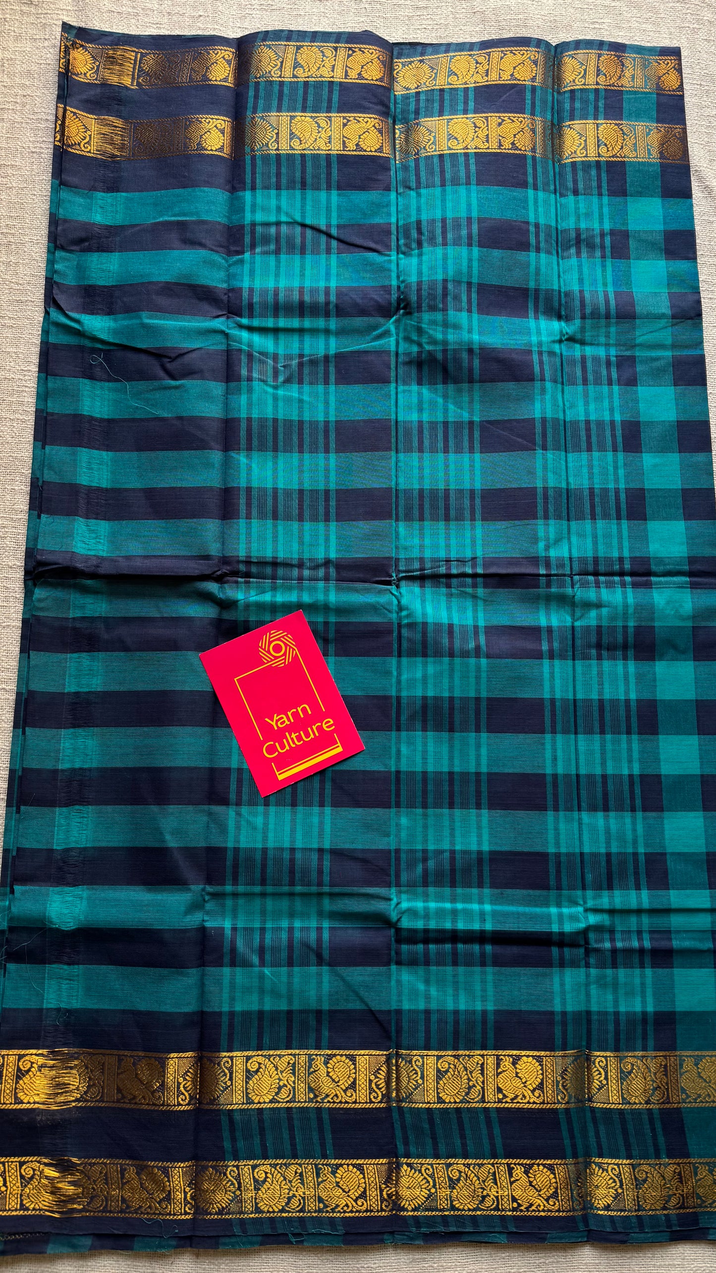 Turquoise and dark blue paalum pazhamum checkered kanchi cotton - YCCOTNKCDE81