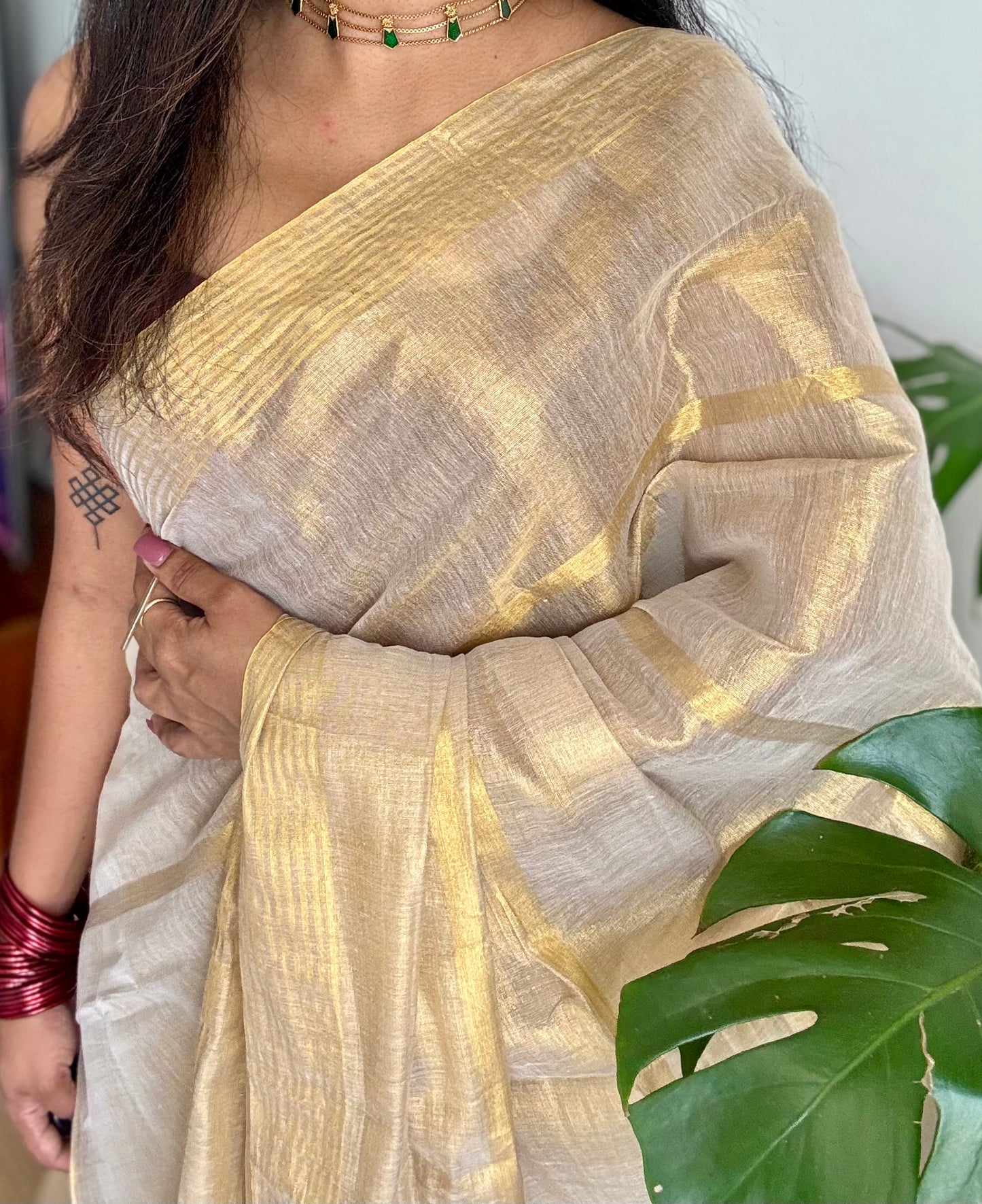 Gold mul tissue saree, gold stripes - YCIEON06