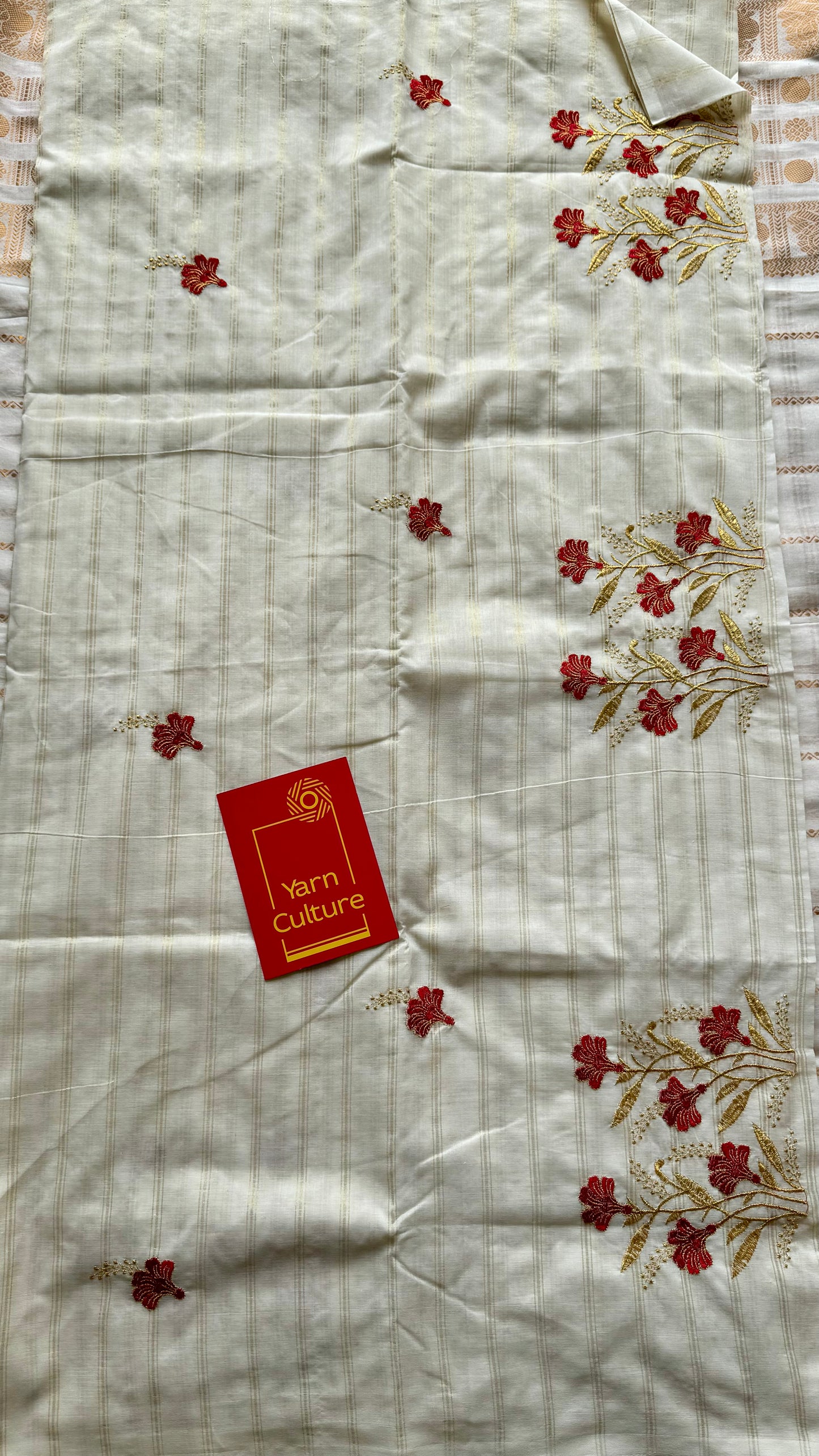 Ivory and gold soft cotton saree, red floral embroidery  - YCIEON52