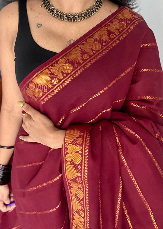 Maroon veldhaari, kattuchayam dyed, madurai cotton - YCCOTNSEMS86