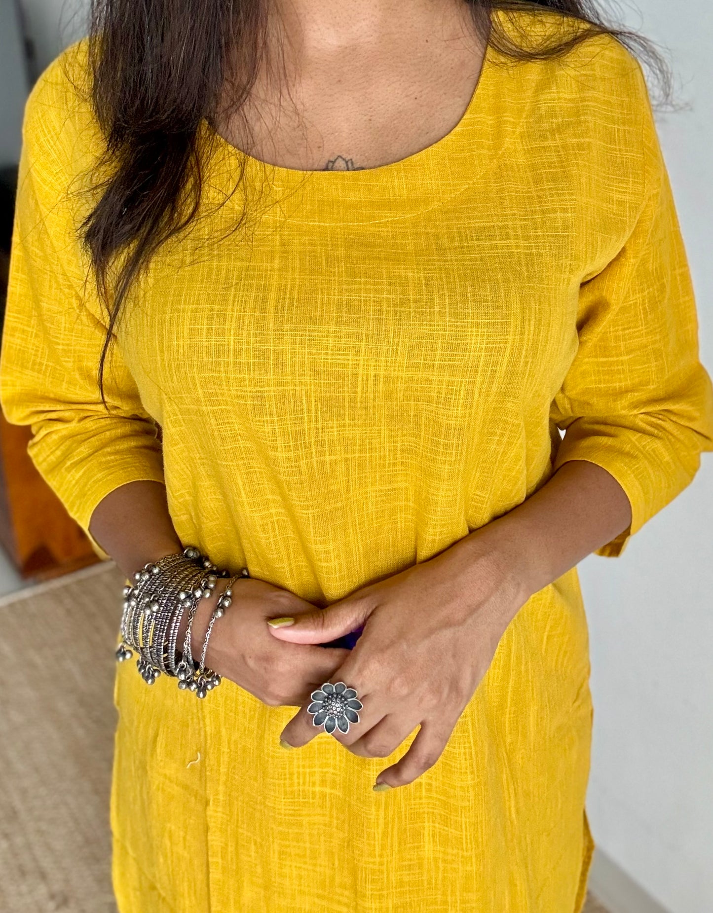 Yellow cotton round-neck stitched kurta co-ord set, three-fourth sleeves - YCSEBPSFE249