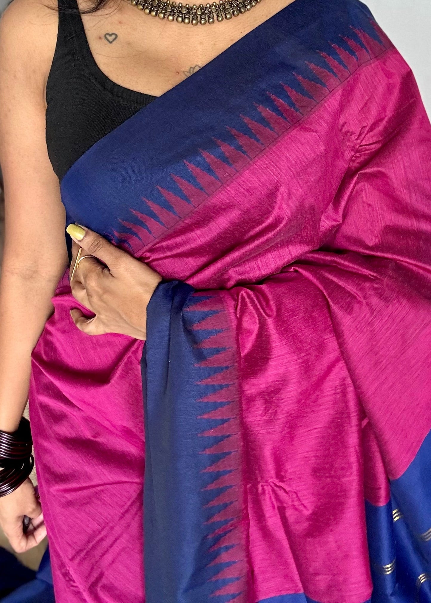 Magenta with blue contrast, temple border saree, cotton silk - YCCOTNTBFE62