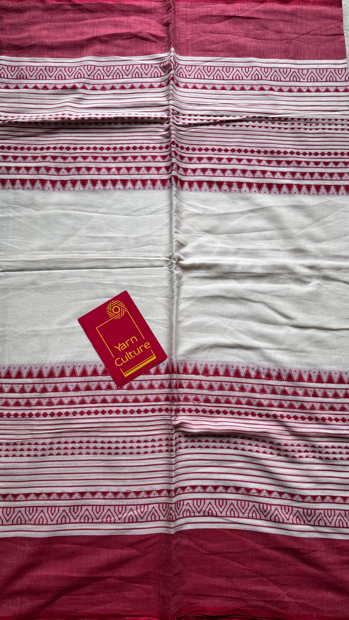 Pure Dhaniakhali tant in white with red patterened border - YCBCDP22