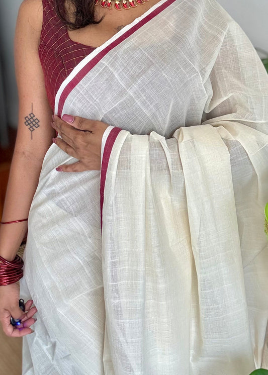 Handloom, woven in Chendamangalam Looms, ivory with maroon border, soft cotton saree - YCIEON151