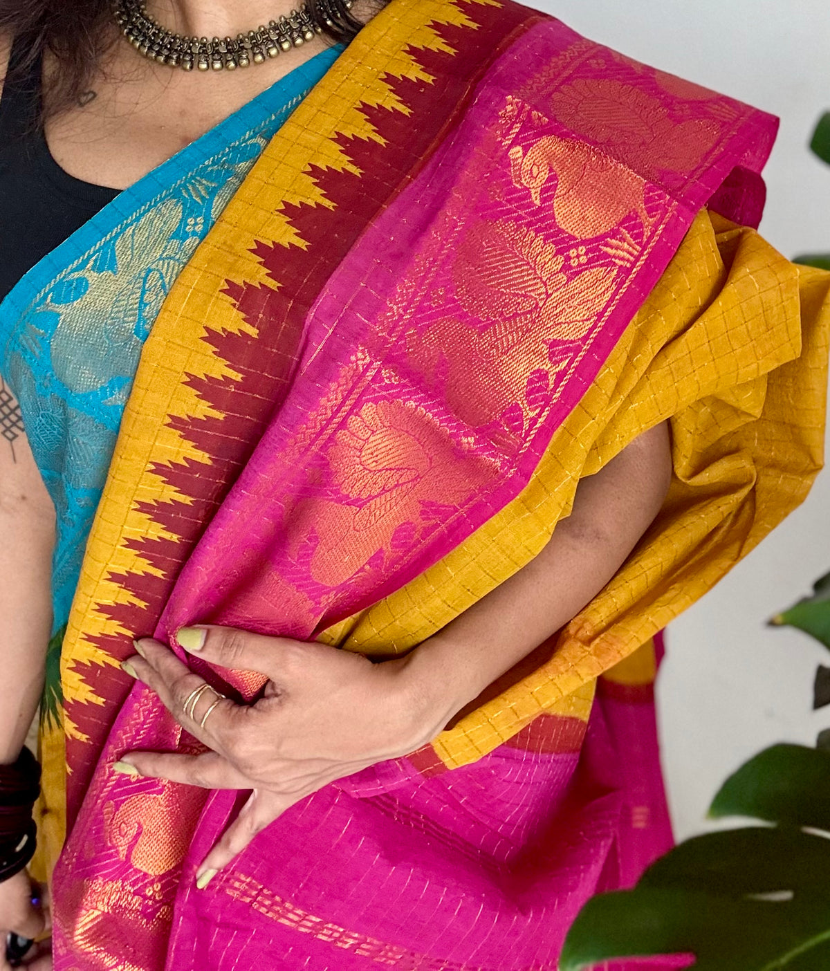 Sungudi cotton checks, mustard yellow base, blue and hot pink dual tone border, soft cotton - YCCOTNMSSE09