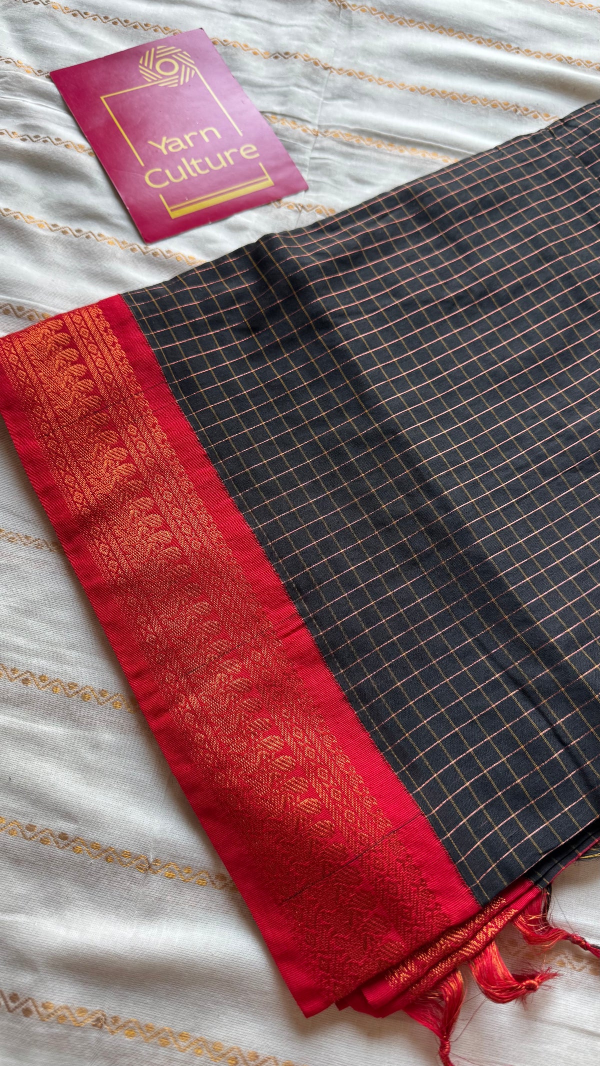 Black with red, zari checkered saree, cotton silk - YCCOTNKCOC104