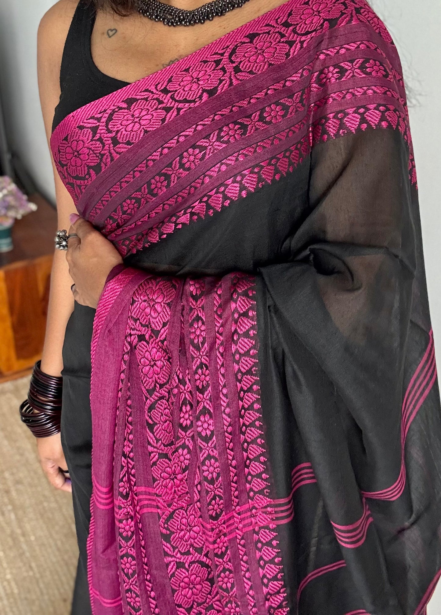 Black with magenta threadwork, begampuri soft cotton - YCBCBPJA197