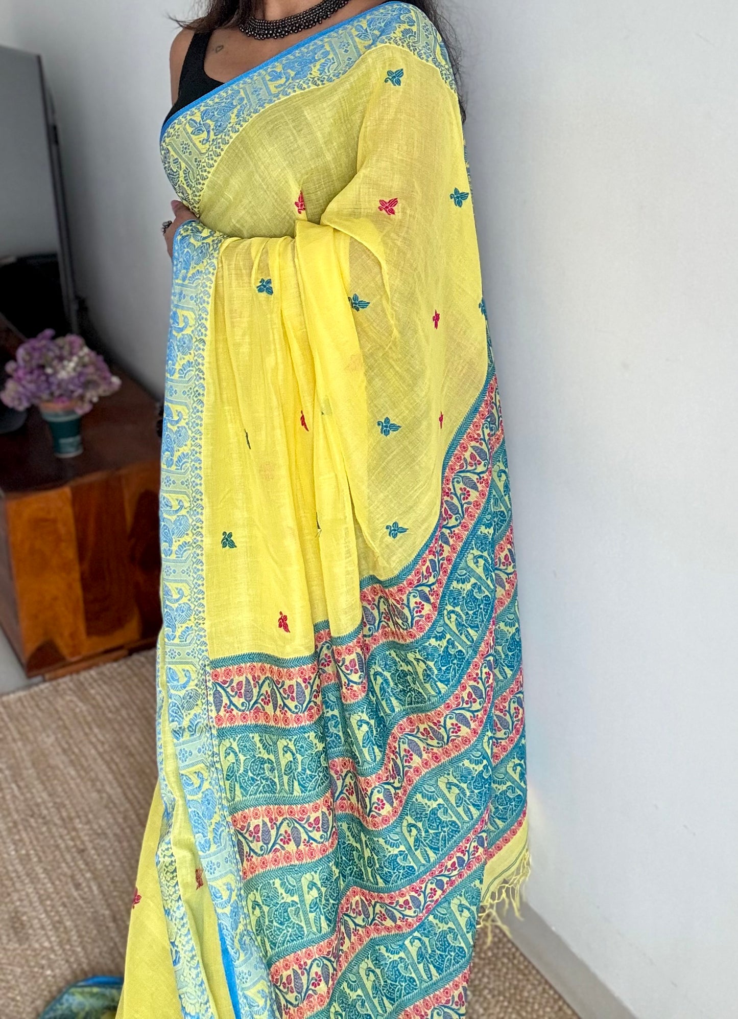 Yellow with blue, Baluchari-inspired soft cotton handwoven saree - YCHOTEBCJA226