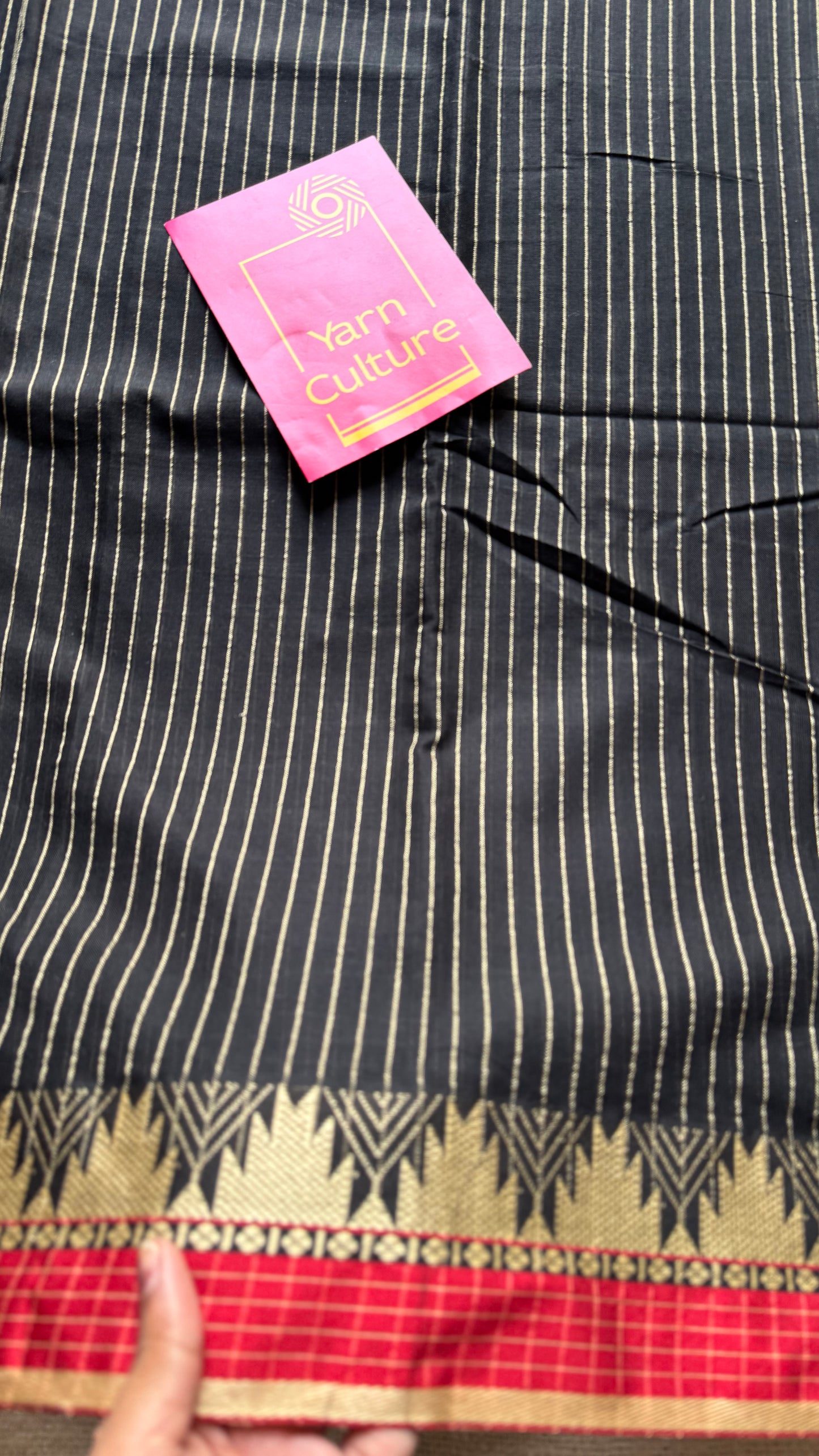 Black striped premium narayanpet soft cotton, with temple motif and checkered border - YCWOTDNPNO82