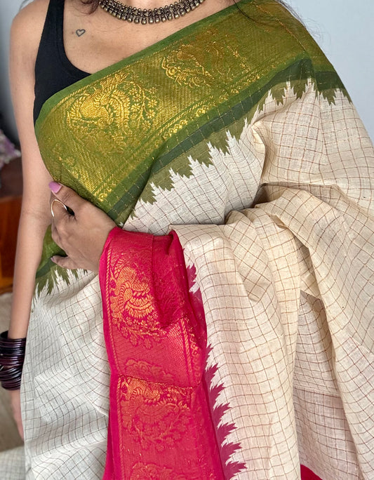 Sungudi cotton checks, ivory gold base, green and red dual tone border, soft cotton - YCCOTNGJJA176