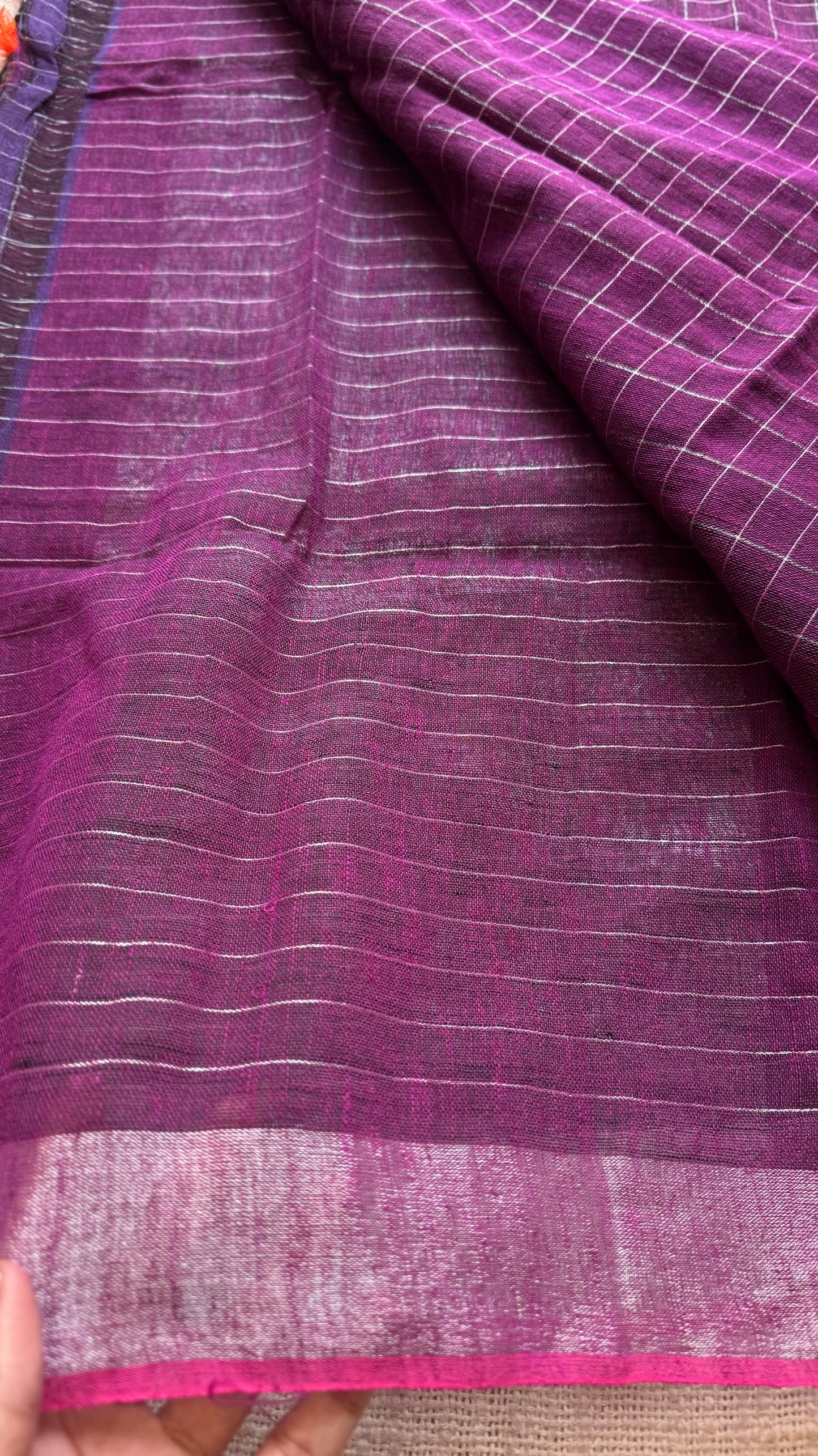 Wine linen by cotton saree, silver checks & zari pallu - YCBCLCFE391