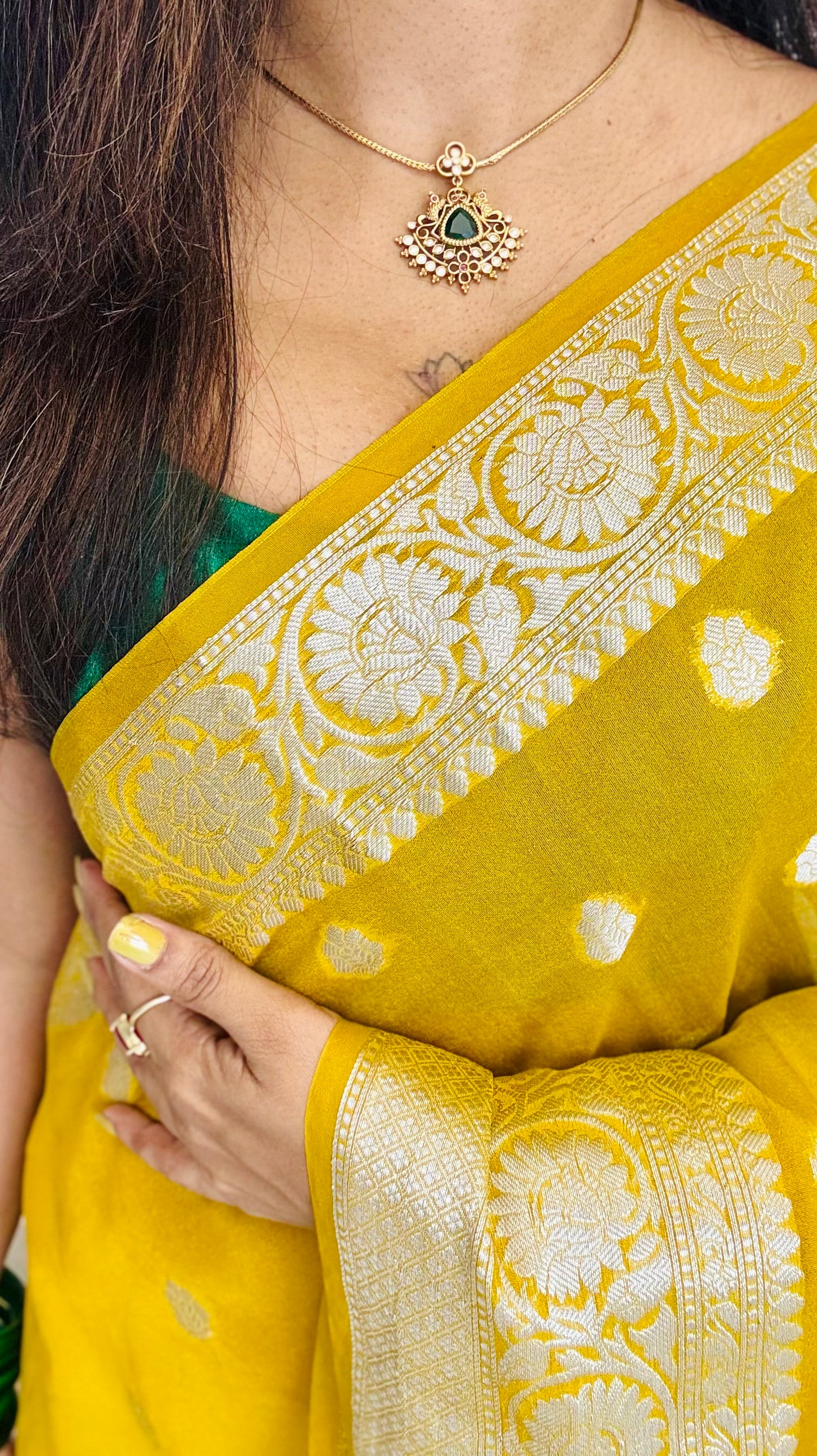 Green, white, ruby stone pendant neckpiece, with earrings - YCGPNP674