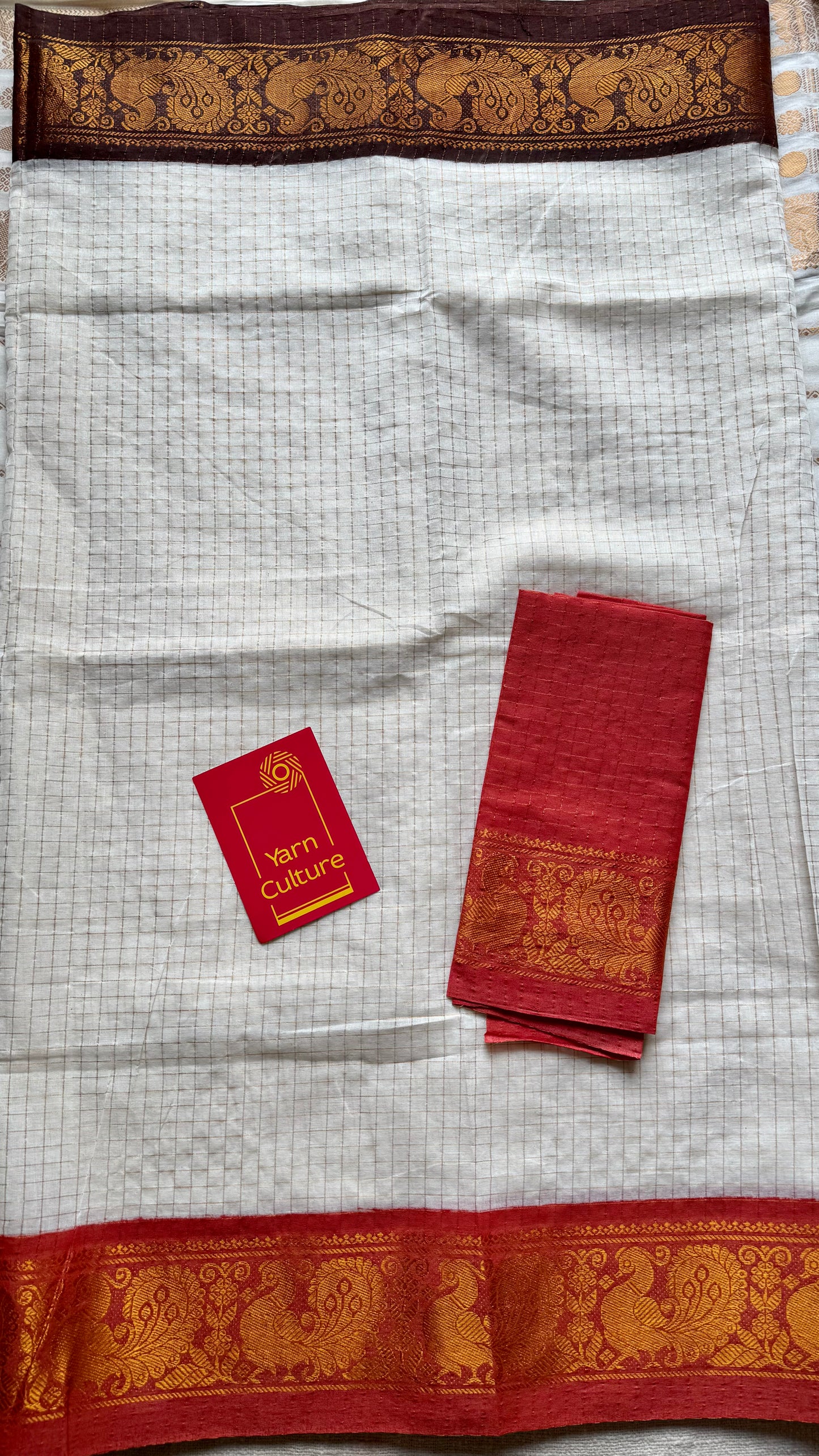 Namita : Kanakambaram - Sungudi checks, ivory gold base, brown and orange dual tone border, soft cotton - YCIEON160
