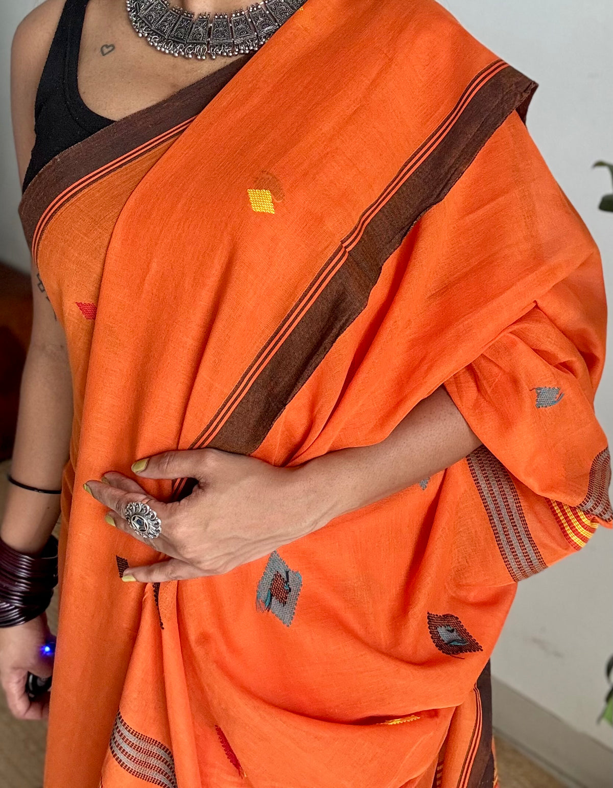 Handloom Bengal soft cotton saree, orange with woven buttas and brown borders - YCBCMCSE36