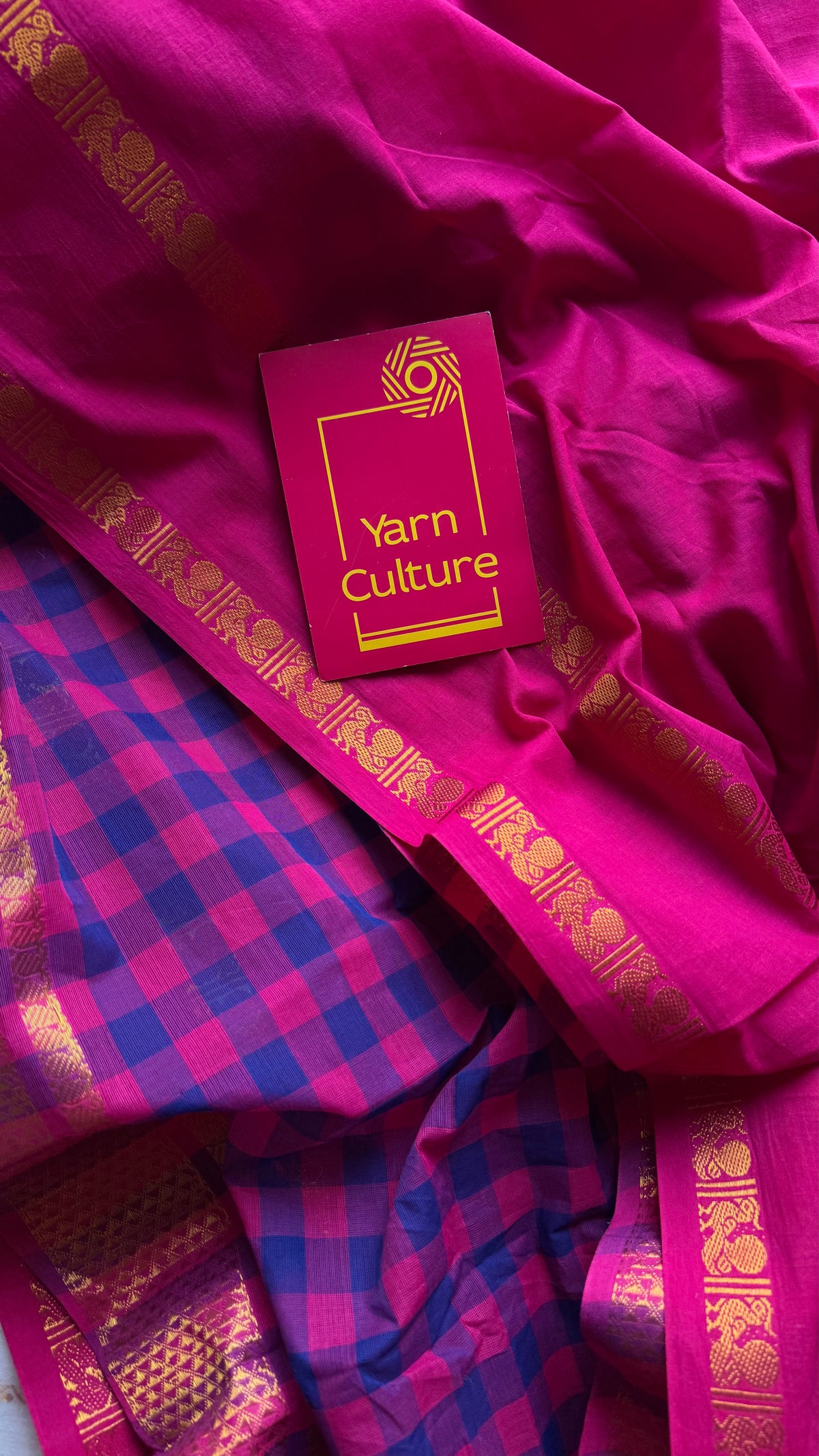 Hot pink with multicoloured checks, sungudi and chettinad cotton half and half saree - YCCOTNIDOC147