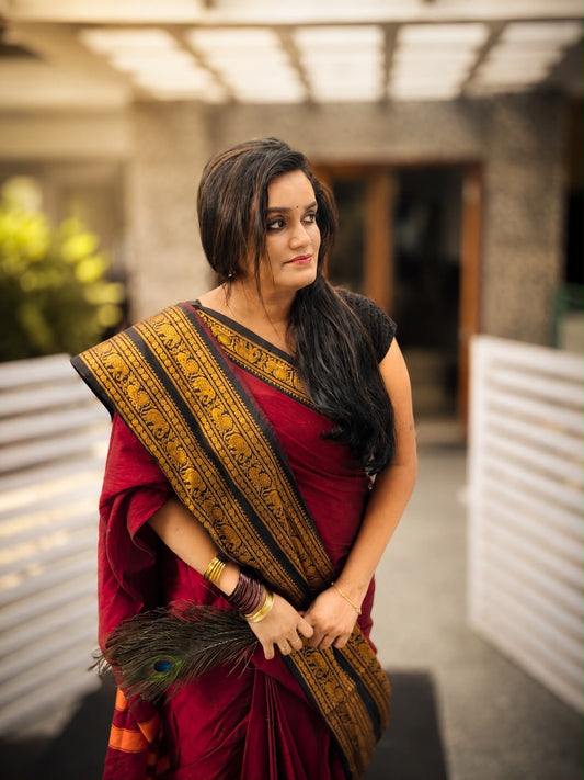 Kanchi cotton saree, dark red with black wide zari border - YCCOTNMA263