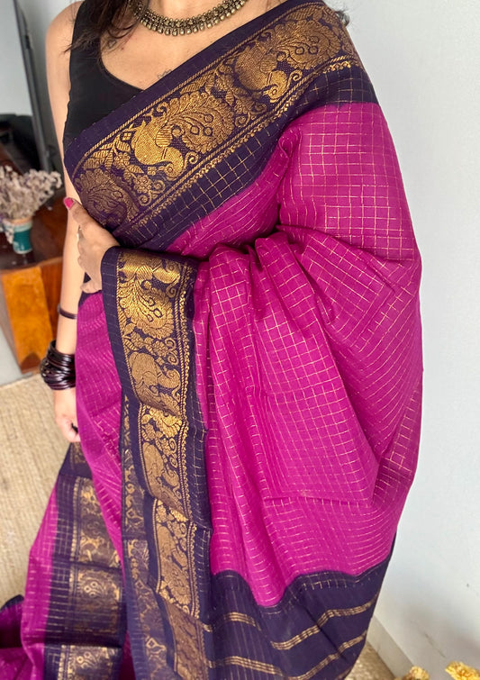 Purple pink with dark blue checkered sungudi, madurai cotton - YCCOTNOCSC21