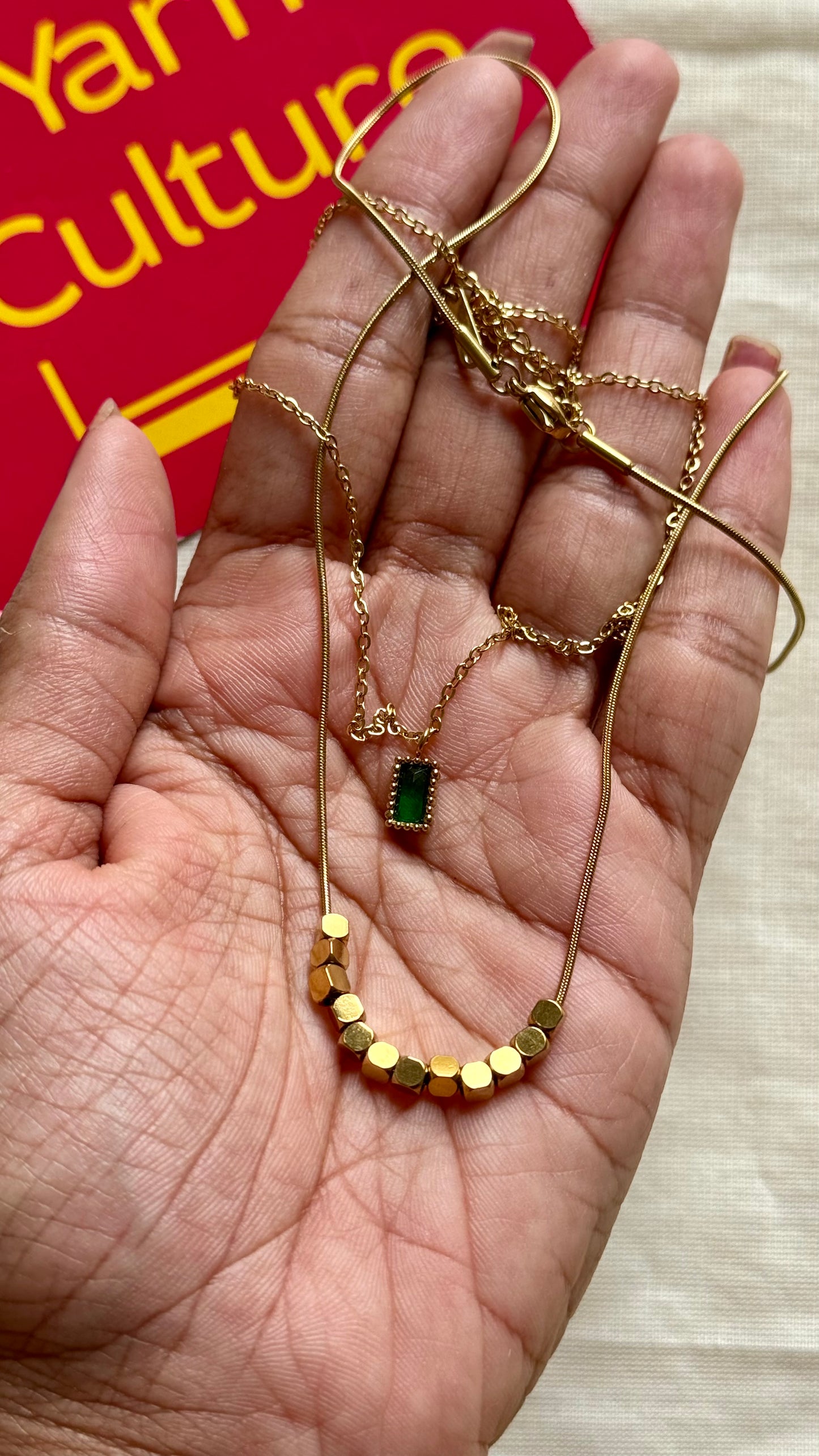 Gold plated double layered chain, green pendant - YCGPC403