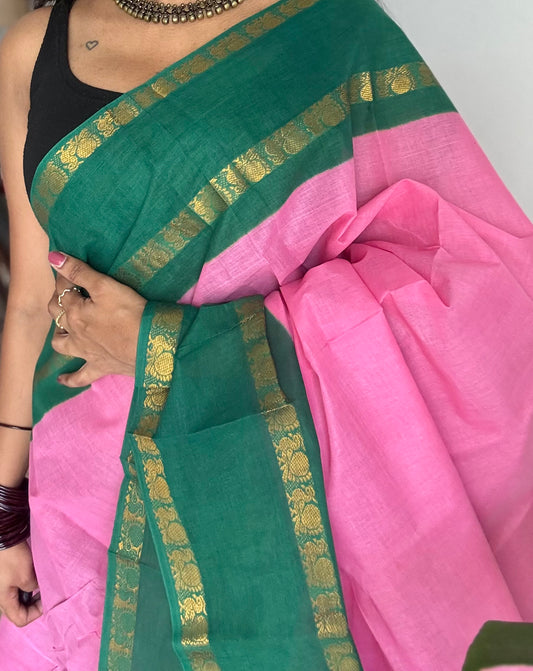 Pink with bluish green rettaipettu peacock double border, madurai soft cotton - YCCOTNMSAP203