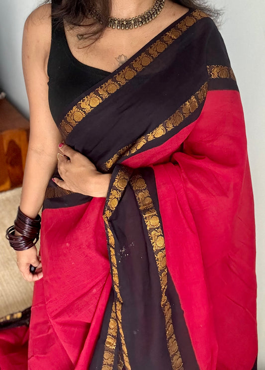 Carmine red and black, rettaipettu peacock double border, madurai soft cotton - YCCOTNAURS4