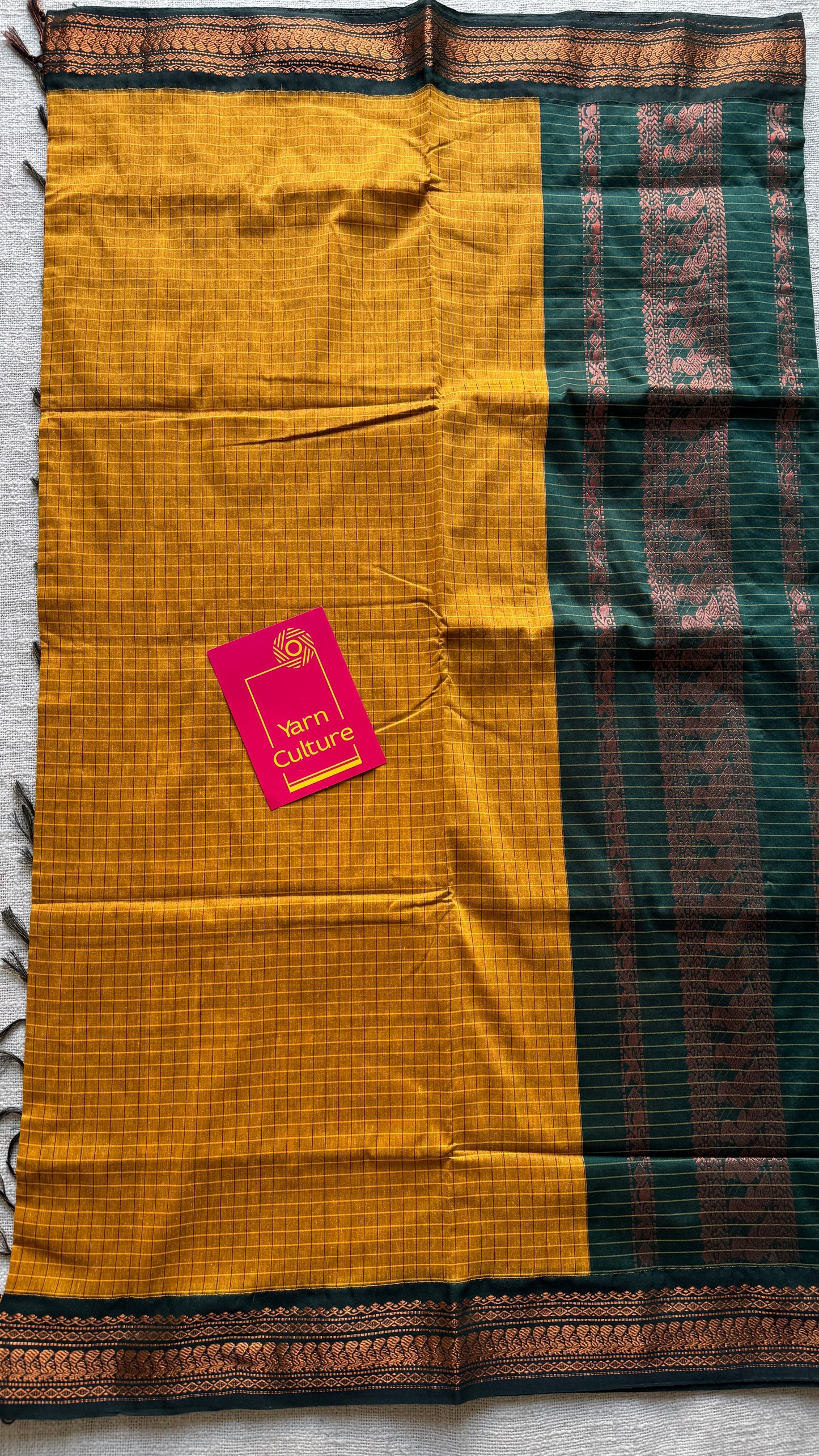 Mustard yellow with dark green checkered saree, cotton silk - YCCOTNKCFE67