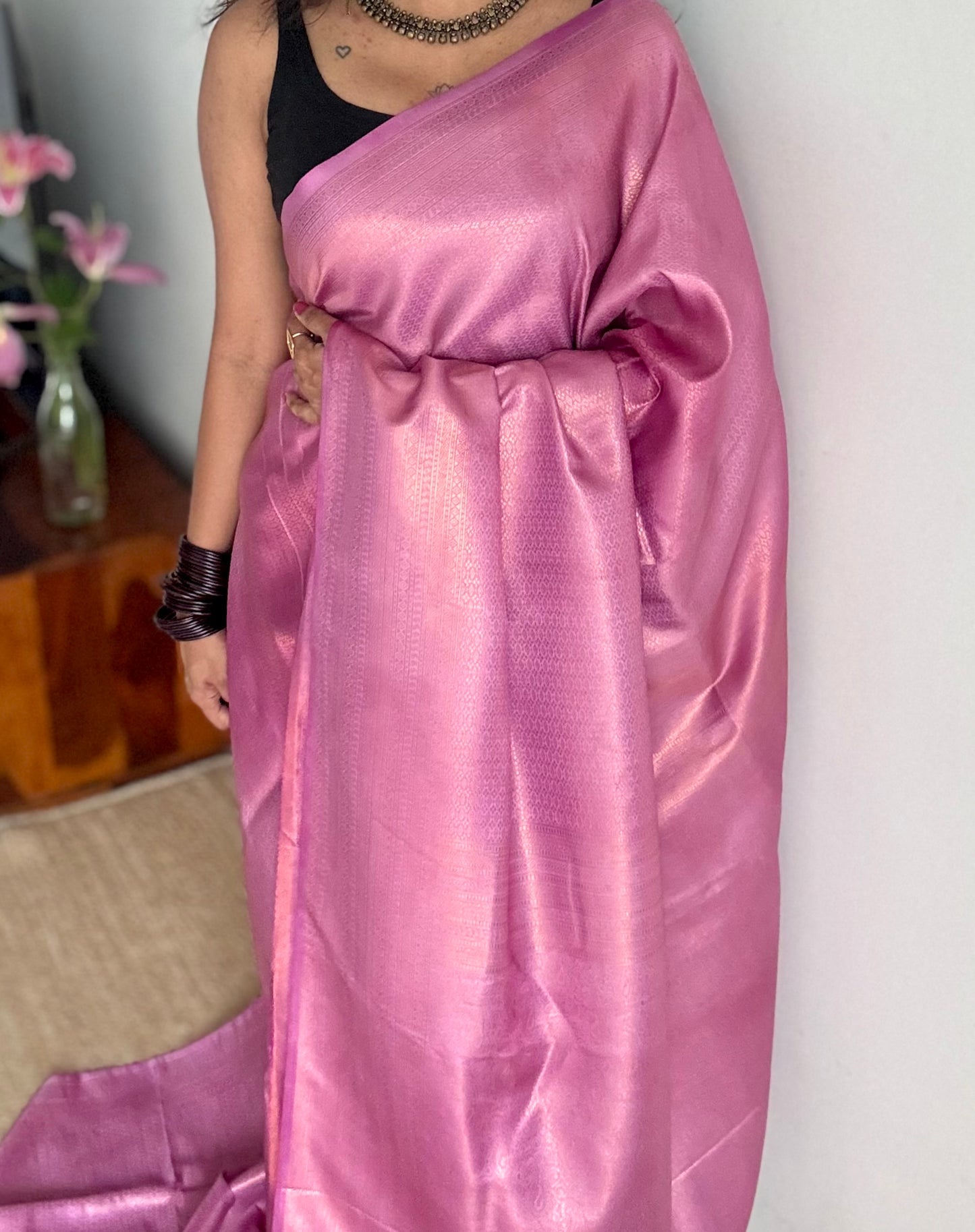 Lavender pink dual tone, antique gold zari, semi -silk - YCDOSOCSS01