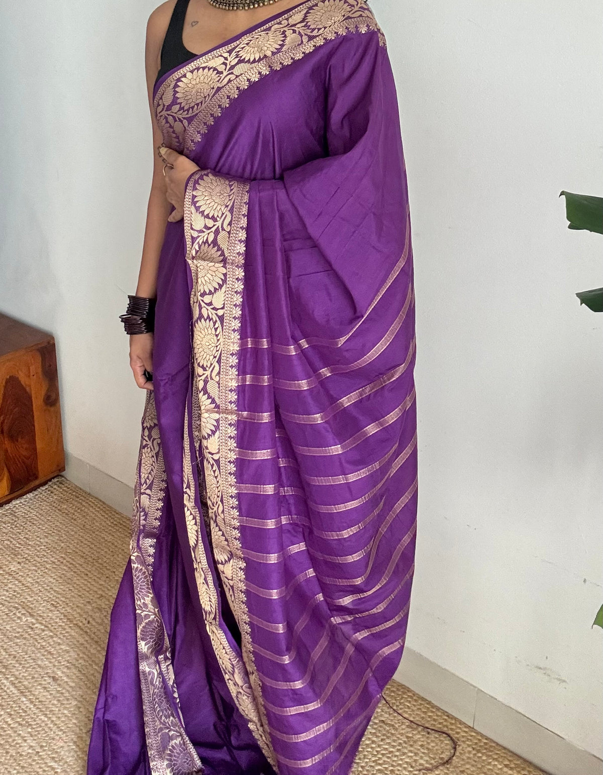 Purple, semi crepe silk saree with antique gold floral border - YCLOKOC59