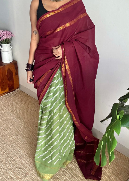 Maroon with pista green, cotton half and half saree - YCCOTNIDOC141