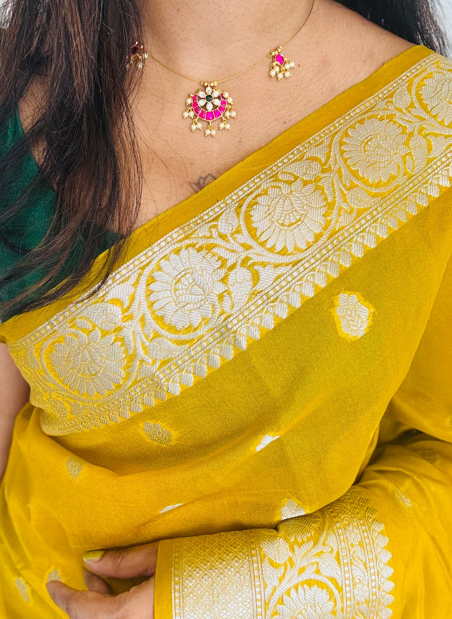 Invisible neckchain with jadau kundan stones & pearl hangings - ruby, green, white - YCGPNP688