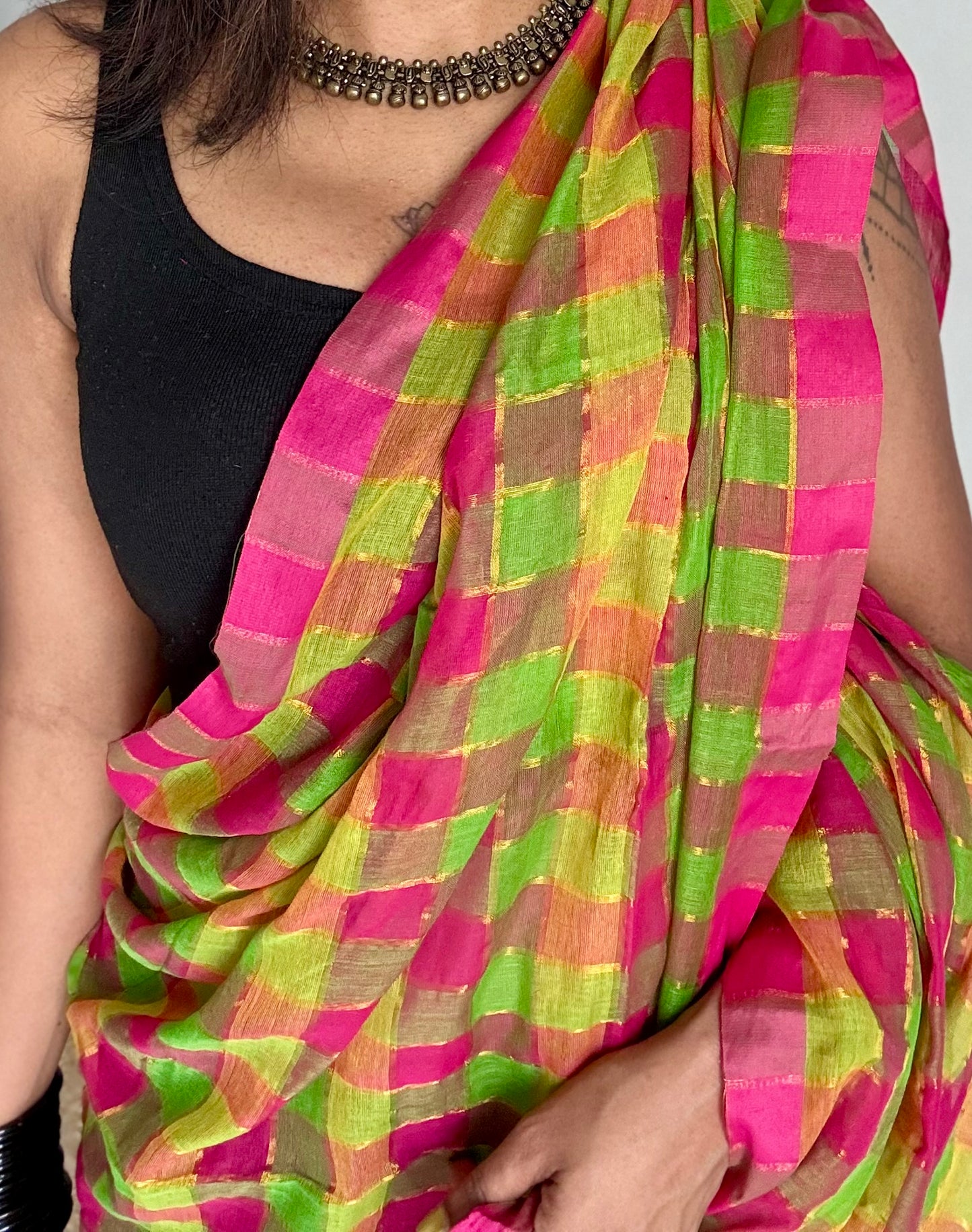 Multicoloured madras checks inspired mul cotton saree - YCBCMCFE233