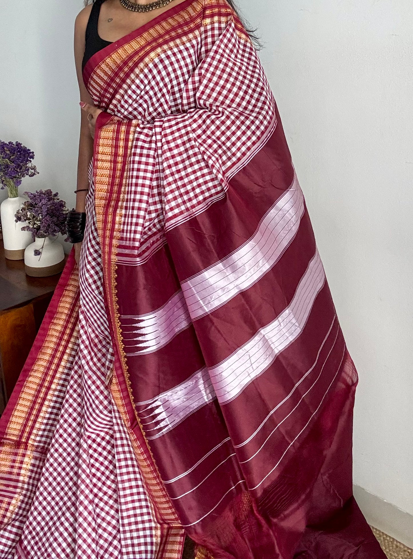 llkal dark maroon and white checks with chikki paras border, soft cotton with art silk blend - YCLOKICAP231