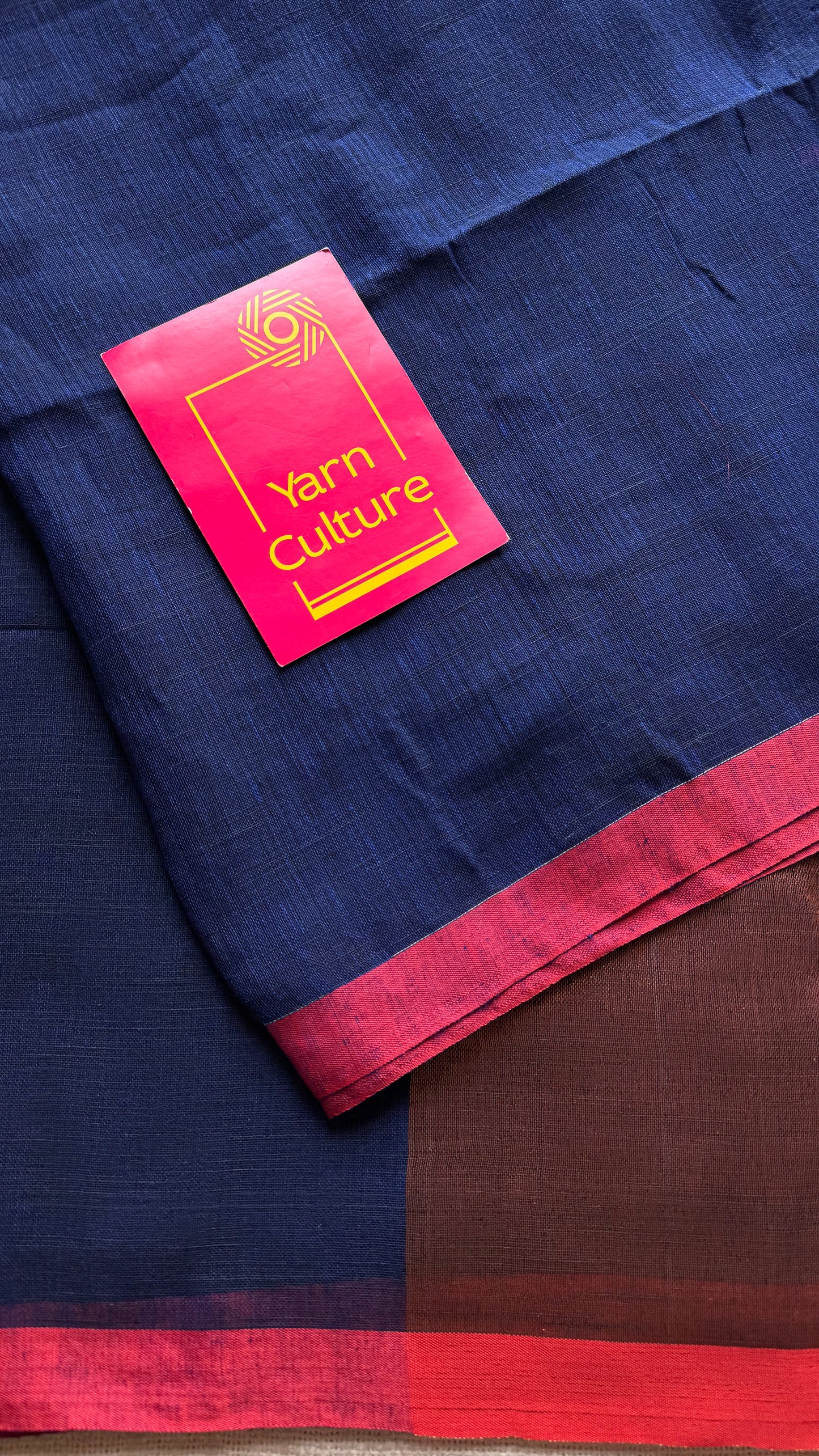 Dark blue plain linen by cotton saree with copper zari pallu - YCBCLCFE395