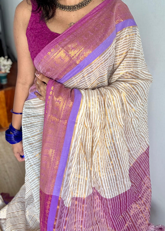 Ivory and gold stripes, purple pink brocade border, mul cotton - YCBCMCNO53