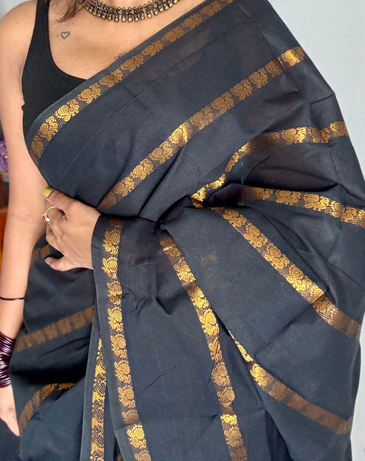 Black with multi peacock motif lines, kattuchayam dyed sungudi cotton - YCCOTNMSFE260