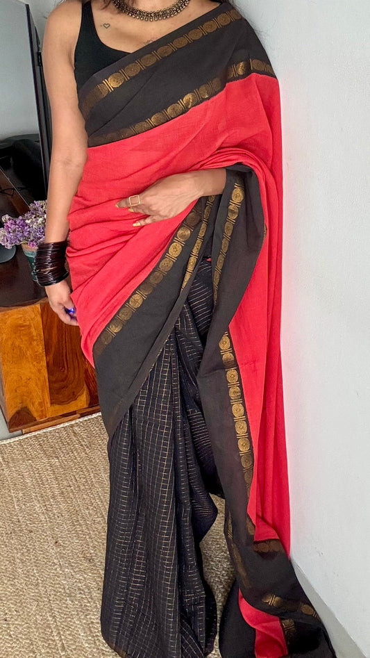 Sengathir (செங்கதிர்) : bright red with black checks, sungudi cotton - YCCOTNMSJA187