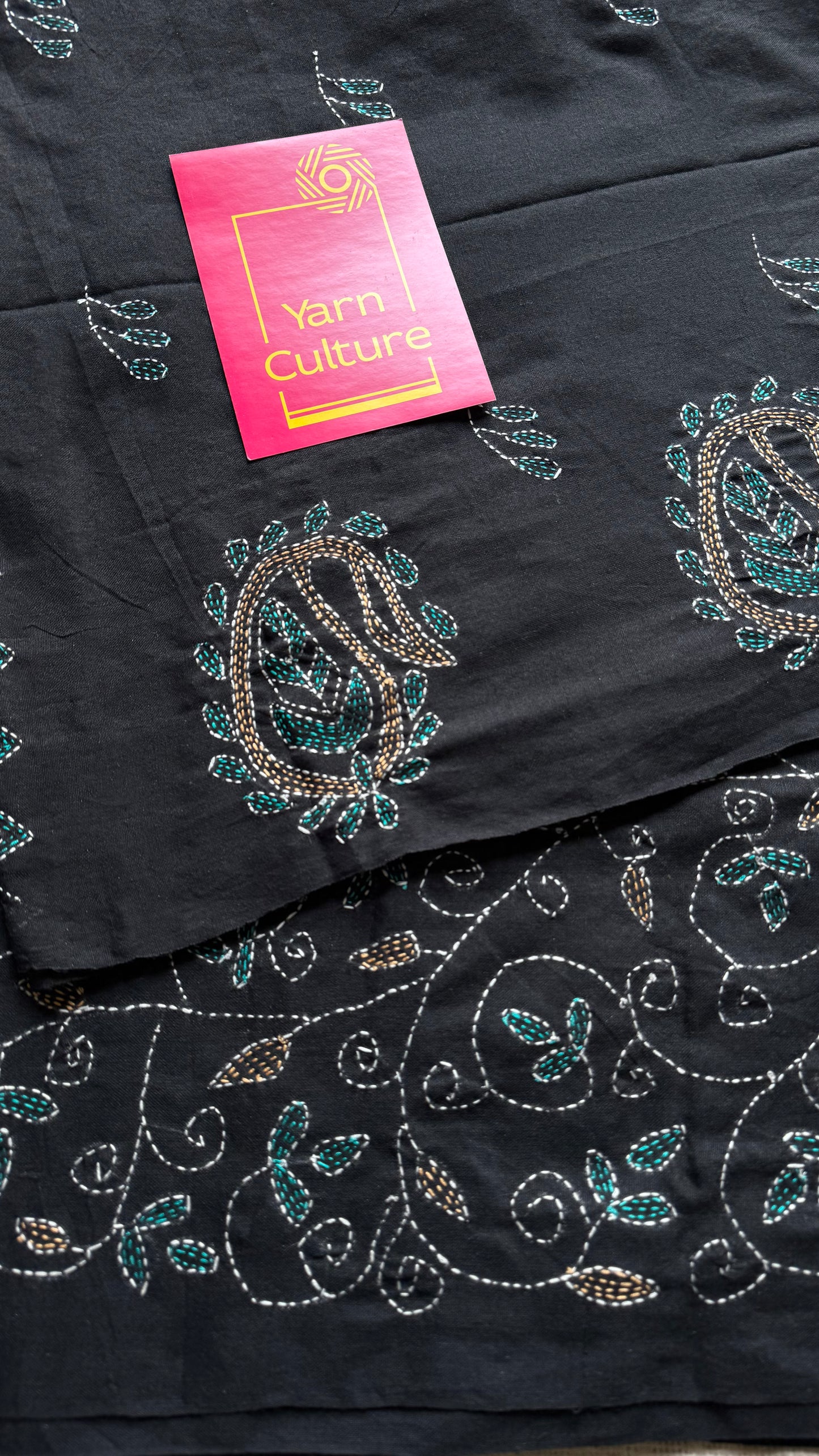 Embroidered black kantha weave in soft cotton - YCBCKKJA146