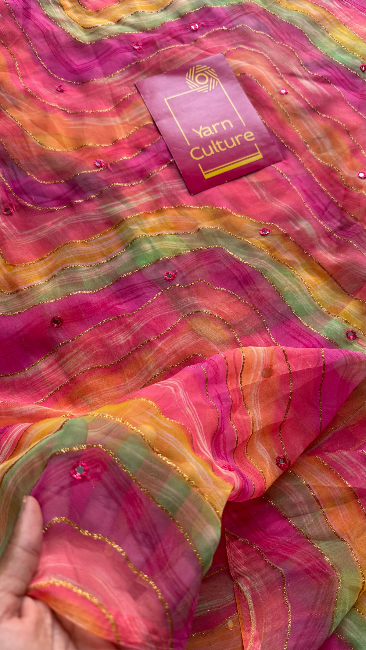 Pink multicoloured leheriya chiffon saree with mirror work  - YCTORLOC98