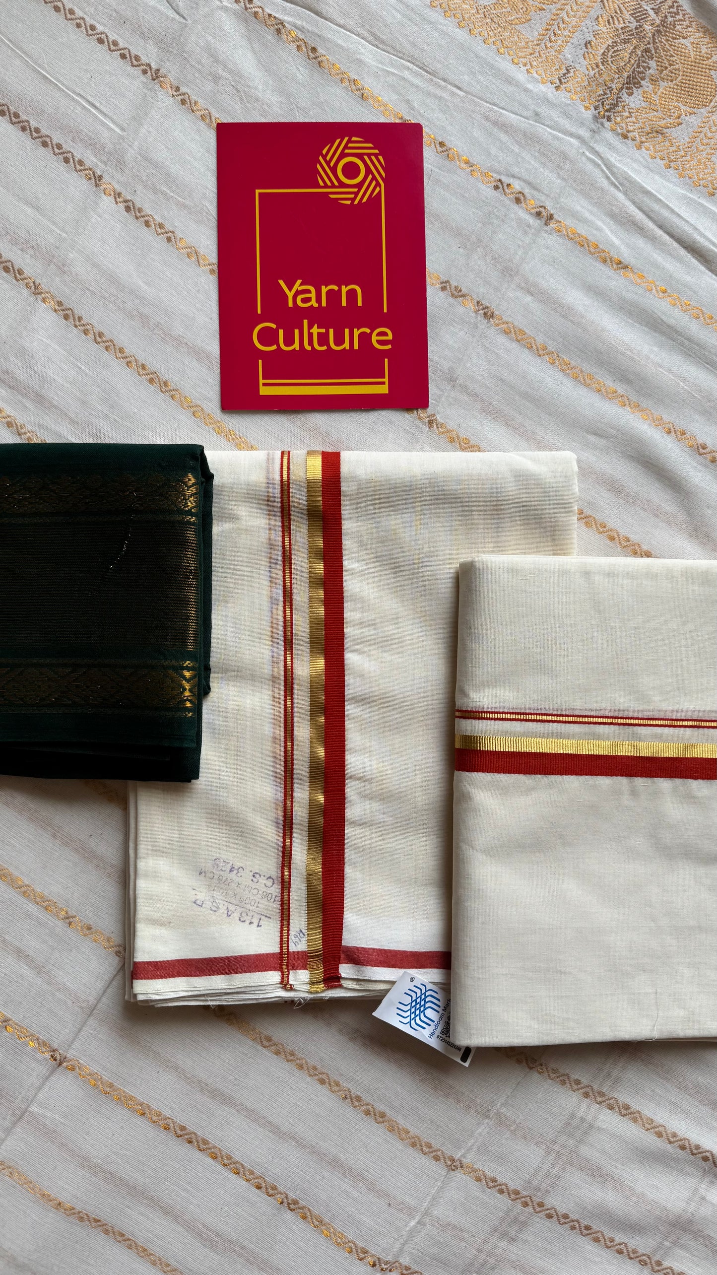 Set mund, handwoven from Chendamangalam looms, rust orange and gold - YCIEON143