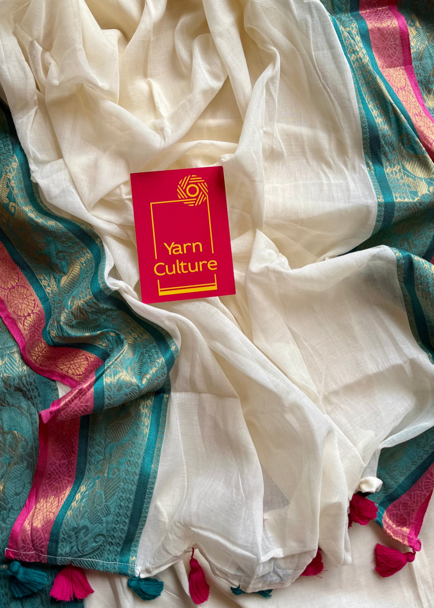 Ivory mul saree, bluish green and hot pink kanchi border - YCIEON11