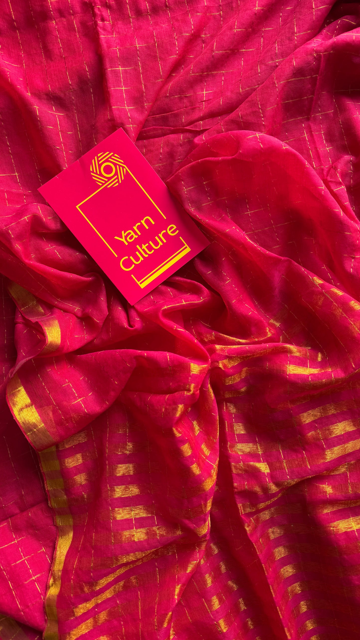 Hot pink mul with gold checks and zari border - YCBCMCJA05
