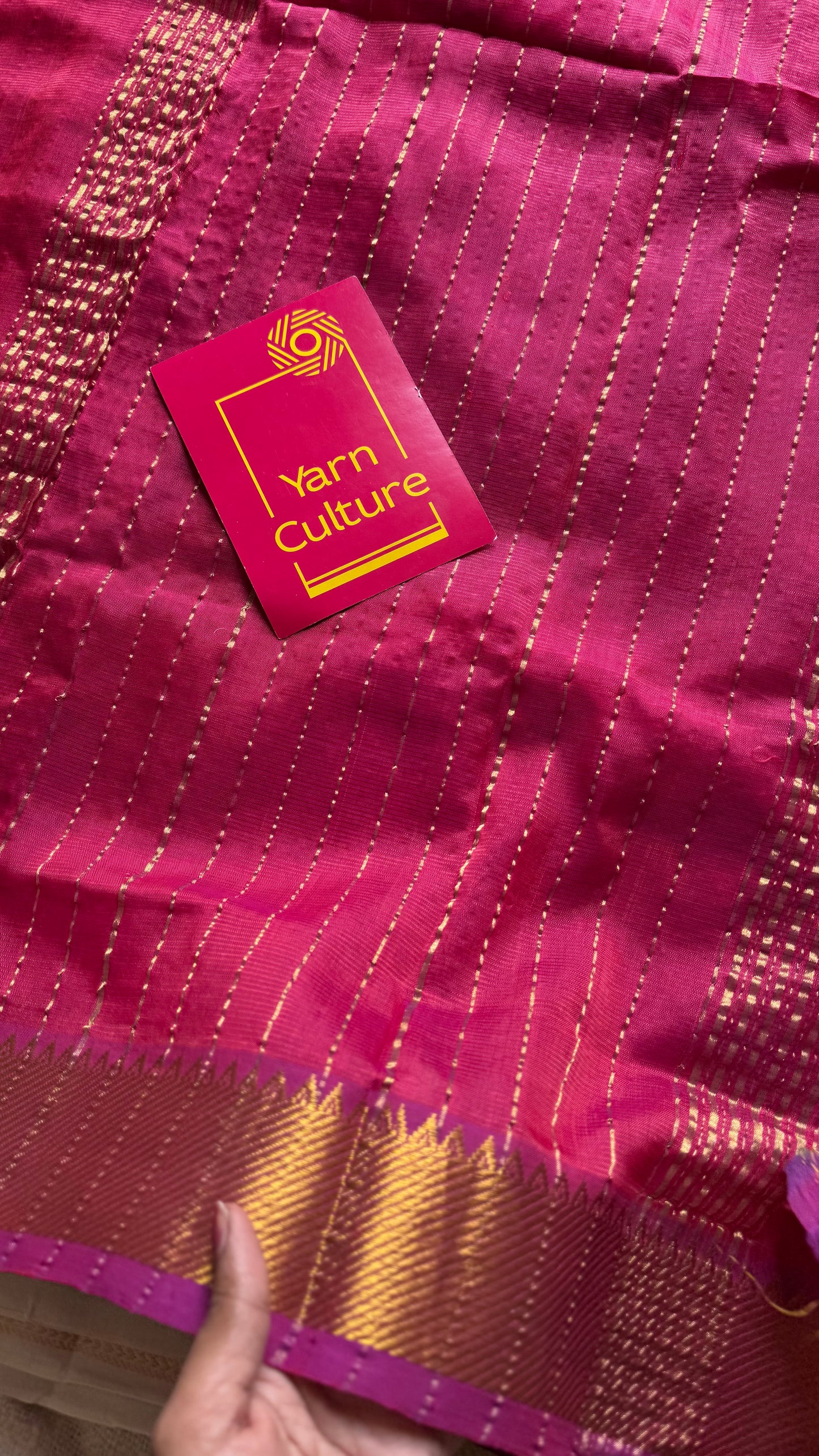 Plain hot pink dual tone with gold zari border, mangalgiri silk cotton, handwoven, soft, light weight - YCWOTDMSAP224