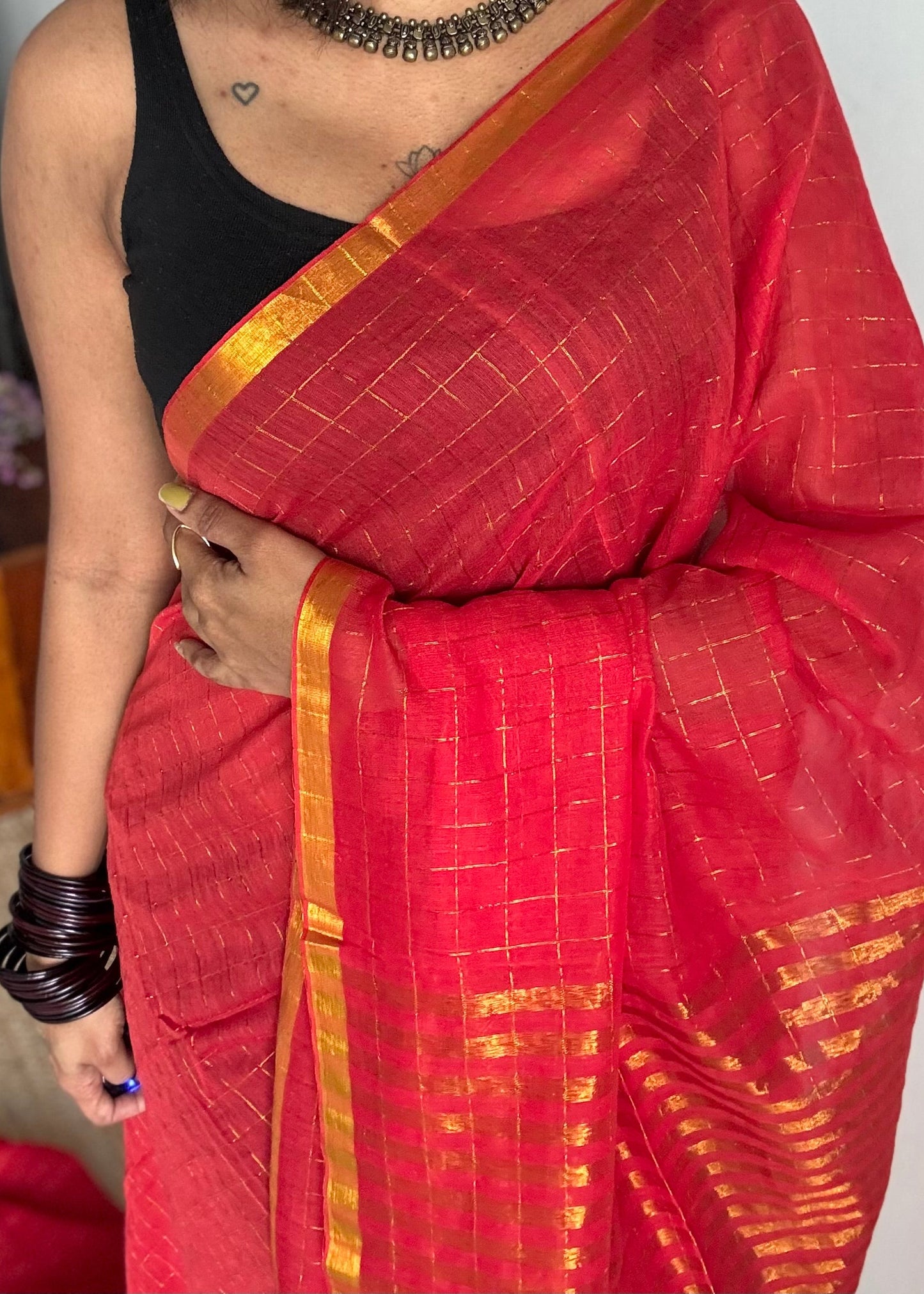 Red mul with gold checks and zari border - YCBCMCJA03