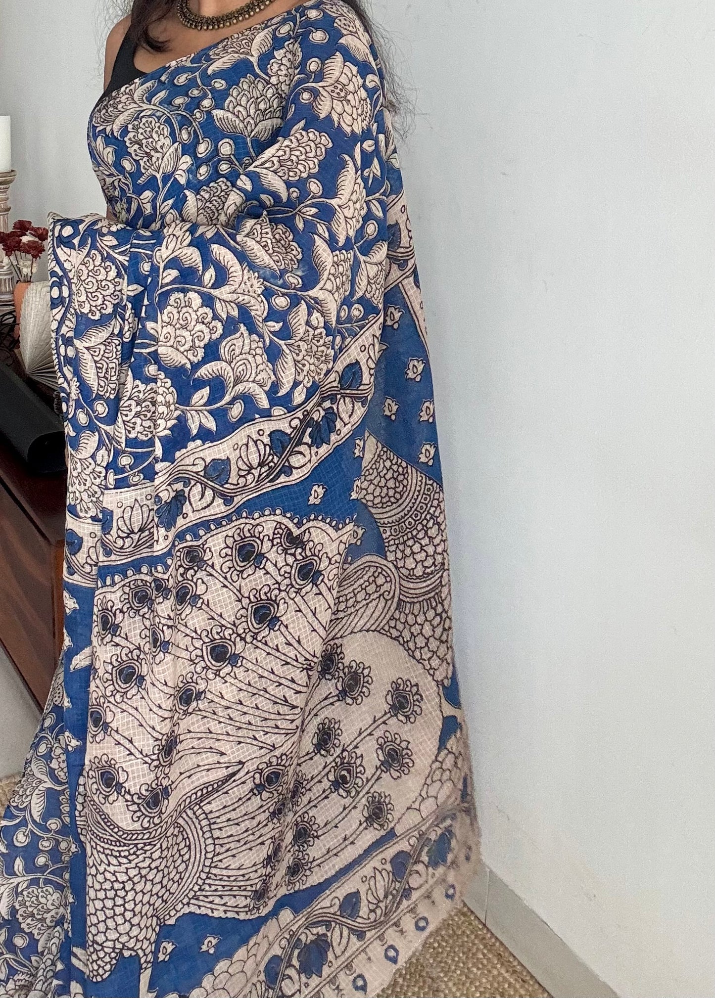 Blue floral kalamkari saree in kota - YCWOTDMA359