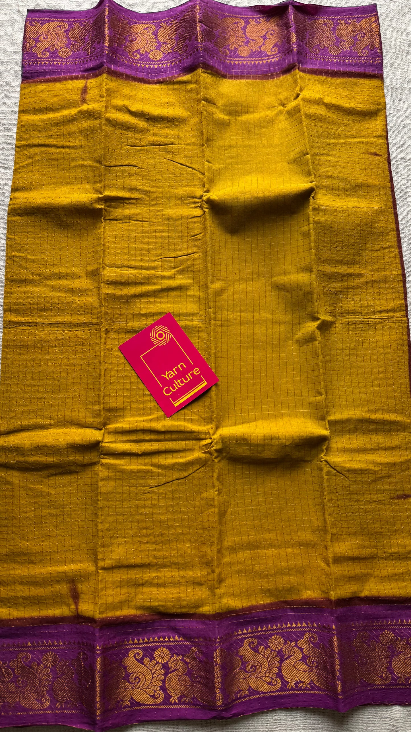 Ginger yellow with magenta checkered sungudi, madurai cotton - YCCOTNSUDE46