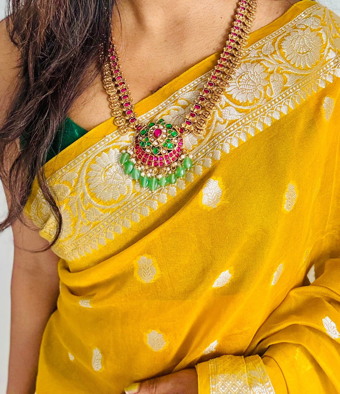 Long haram ruby, green stones and beads, coin pendants, with earrings - YCGPNP682